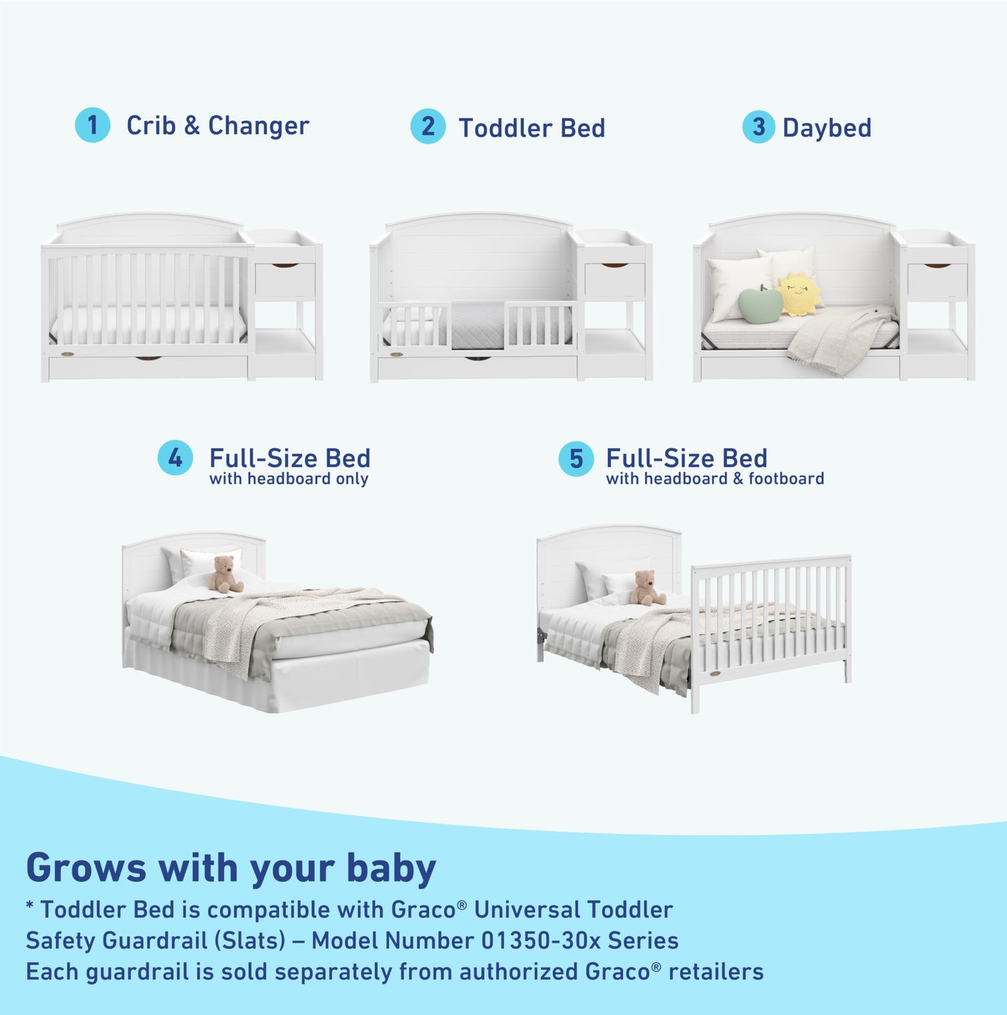 Graco Bellwood 5-in-1 Convertible Crib & Changer with Drawer - GREENGUARD Gold Certified, Full-Size Storage Drawer, Converts to Toddler Bed (White)