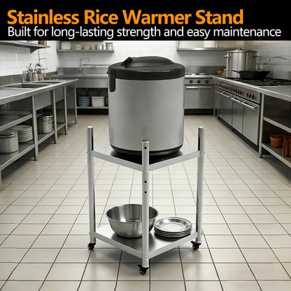 Stainless Steel Rice Warmer Stand–20"x20" SS Two-Tier Cart with Adjustable Upper Shelf & 4 Swivel Casters (2 Locking) Store&Move Cooking Equipment Multi-Purpose Mobile Station for Indoor/Outdoor