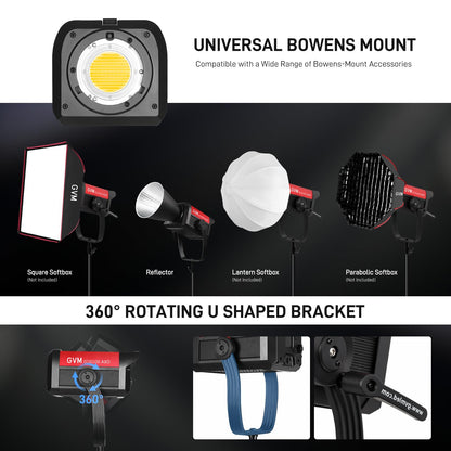 GVM 500W COB LED Video Light, APP Control, Bi-Color Continuous Output Lighting with Bowens Mount, 2700K-6800K, CRI/TLCI97+, 227040lux@1m, 12 Effects & 12 Sources for Studio Photography
