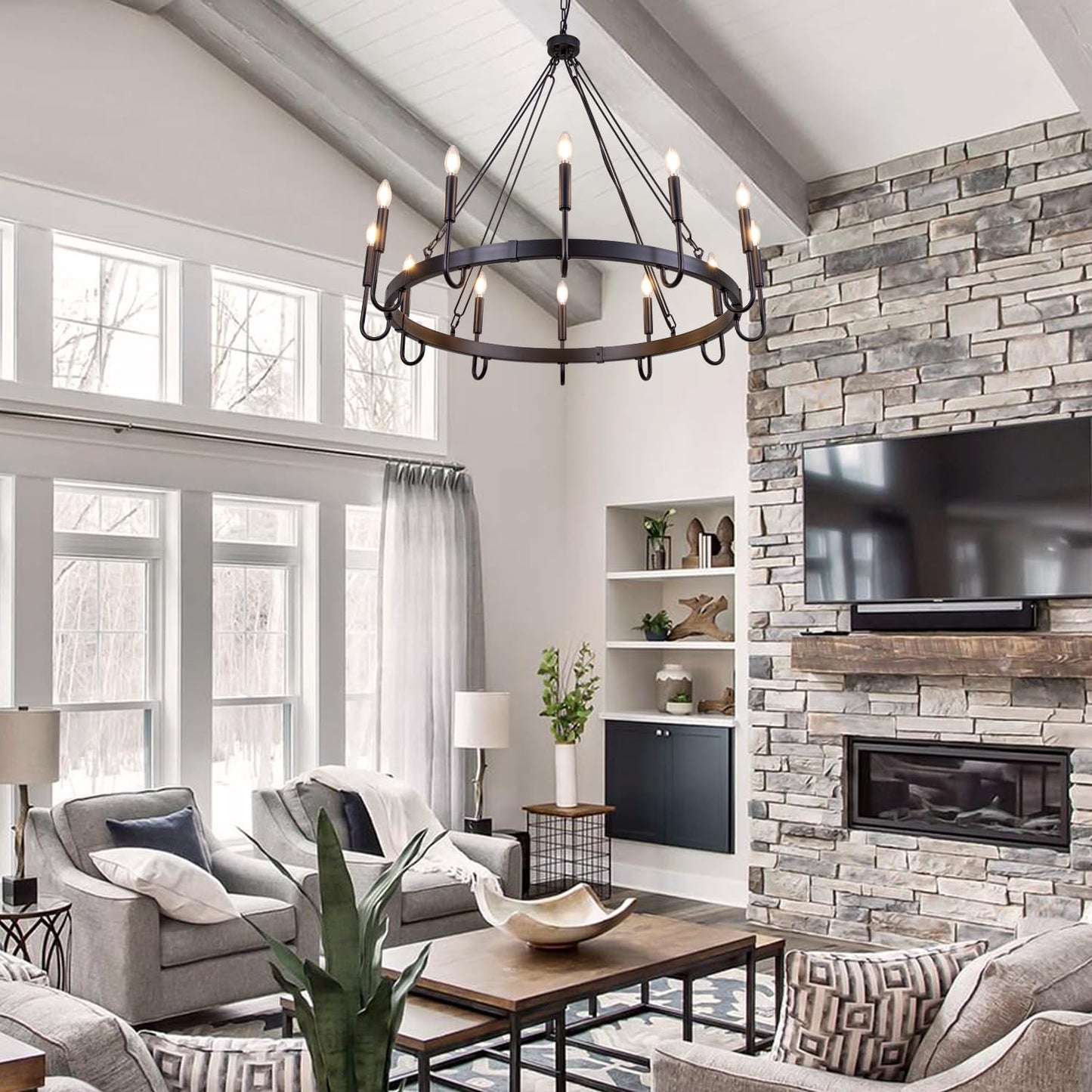 Wellmet Matte Black Wagon Wheel Chandelier, 12-Light Large Black Chandelier for High Ceiling, Industrial Wagon Wheel Pendant Light for Dining Room, Entryway, Hallway, Living Room, 39.37Inch Dia