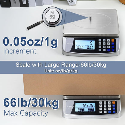 Atogou 66lb Food Scale, Commercial Kitchen Scale with Price Computing, Plug-in Usable, 0.05oz/1g, 304 Stainless Steel, for Cooking, Vegetables, Farm, Industry, Counting. LC300 Silver