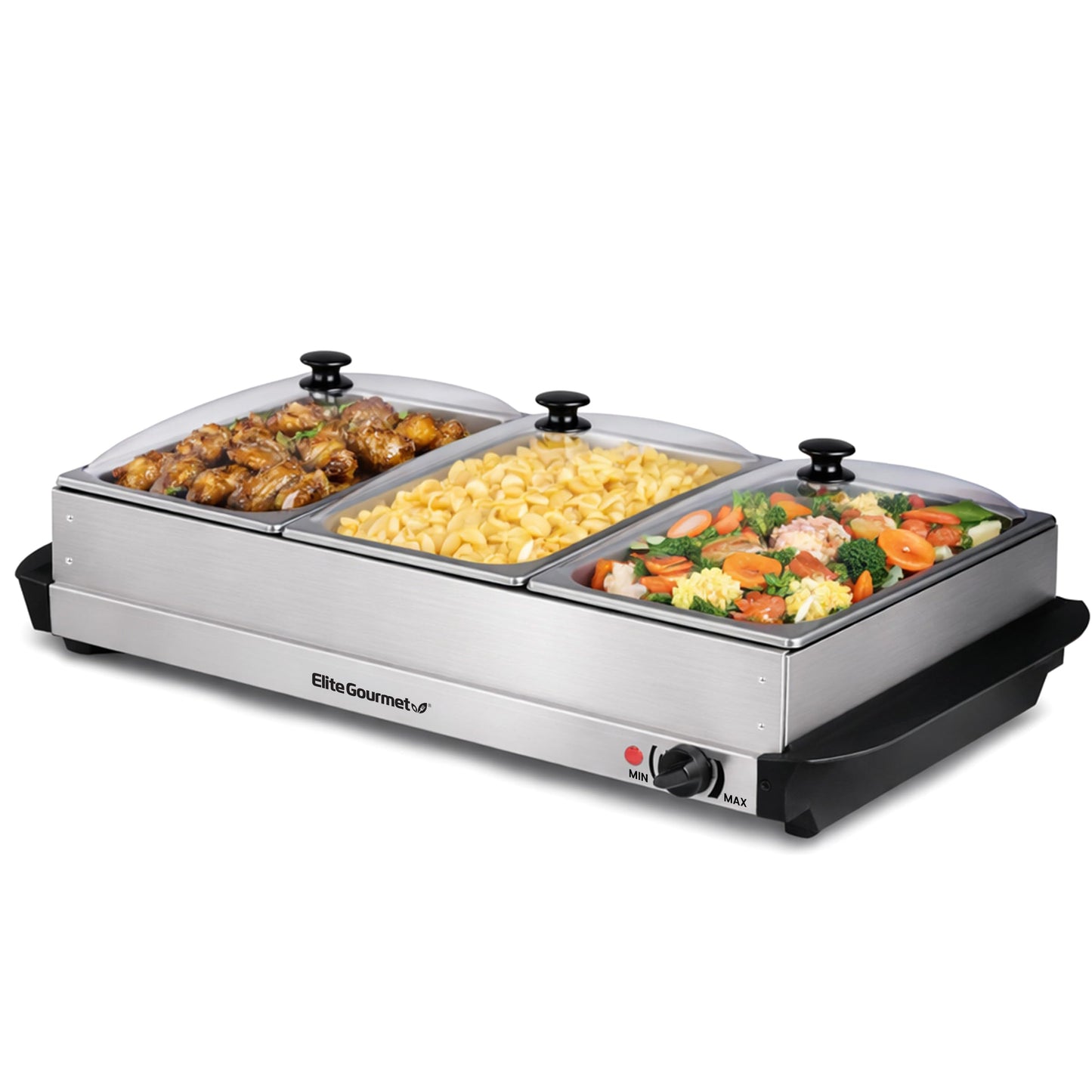 Elite Gourmet EWM-6171 Triple 3 x 2.5 Qt. Trays, Buffet Server, Food Warmer Temperature Control, Clear Slotted Lids, Perfect for Parties, Entertaining & Holidays, 7.5 Qt Total, Stainless Steel