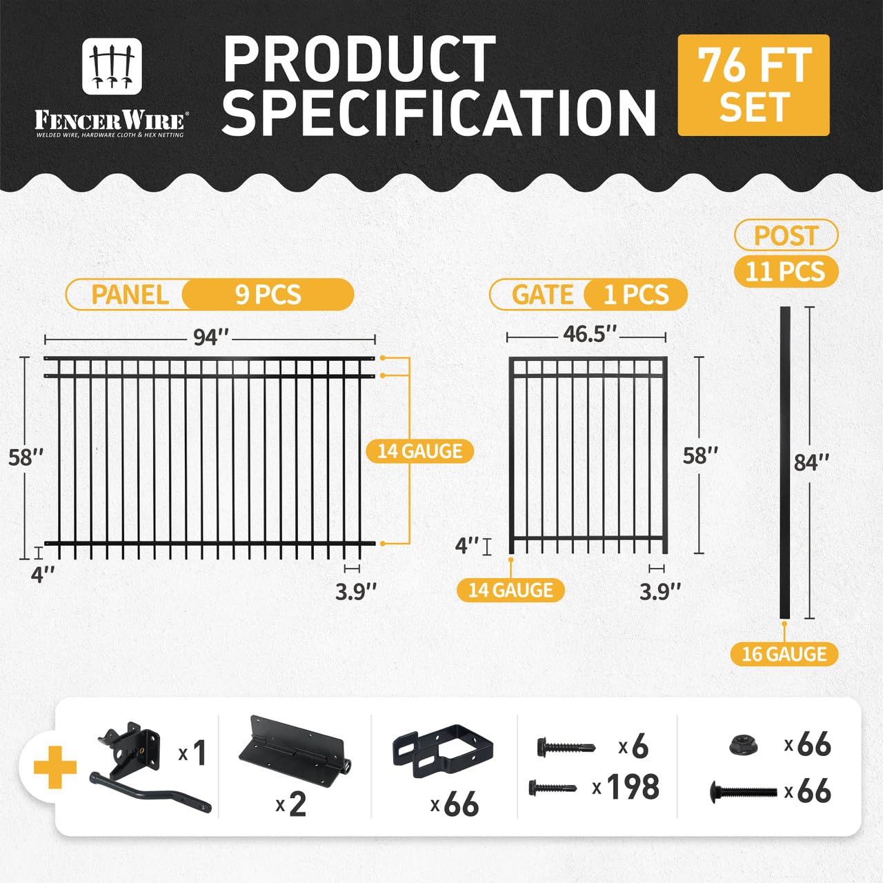 Fencer Wire 76FT Heavy Duty Flat Top Fence Barrier Kit, Anti-Rust Metal Steel Fence with 5FT Height X 8FT Width Panels, with Flat Top Gate, Posts, Connectors, Outdoor Fencing for Yard