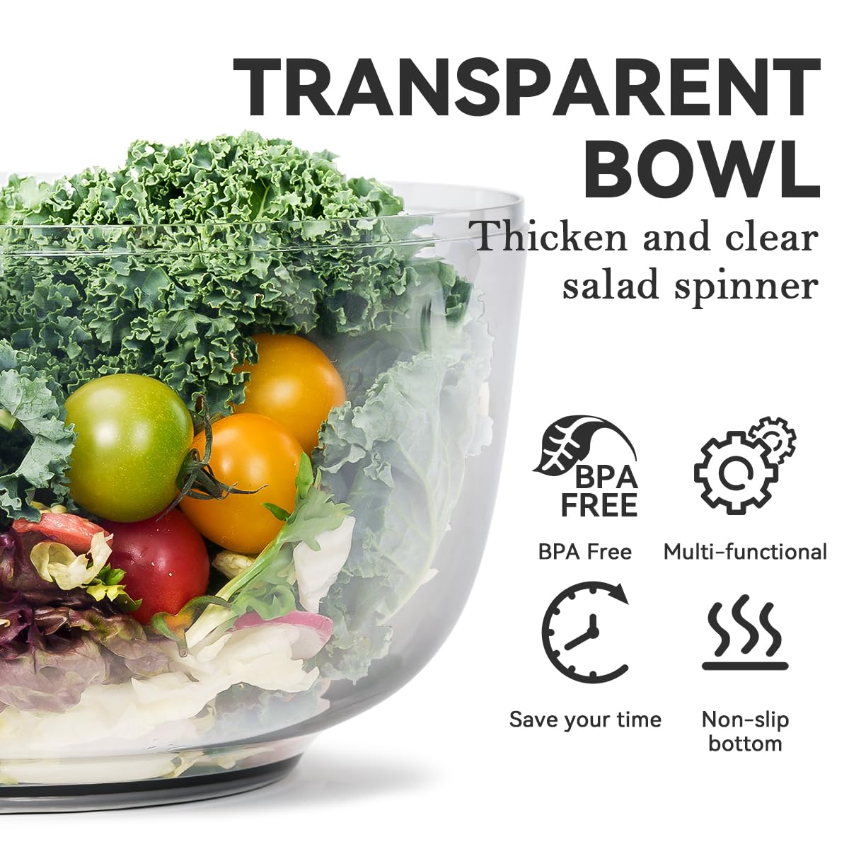 KEOUKE Manual Salad Spinner - Hand-Crank Vegetable & Lettuce Dryer for Washing, Spinning, and Draining Greens, Fruits, and Vegetables - Food-Grade Material, Easy-Clean Detachable Parts 4.2Qt.