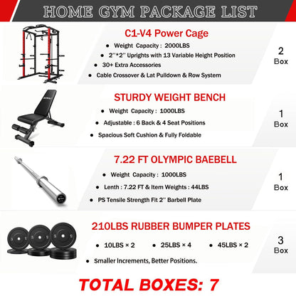Goimu C1-V4 Power Cage, 2000LBS Squat Rack with LAT Pulldown, Multi-Function Weight Cage Strength Training Machine, Workout Cage with More Attachments for Home Gym Garage (210LBS RD Home Gym Packages)