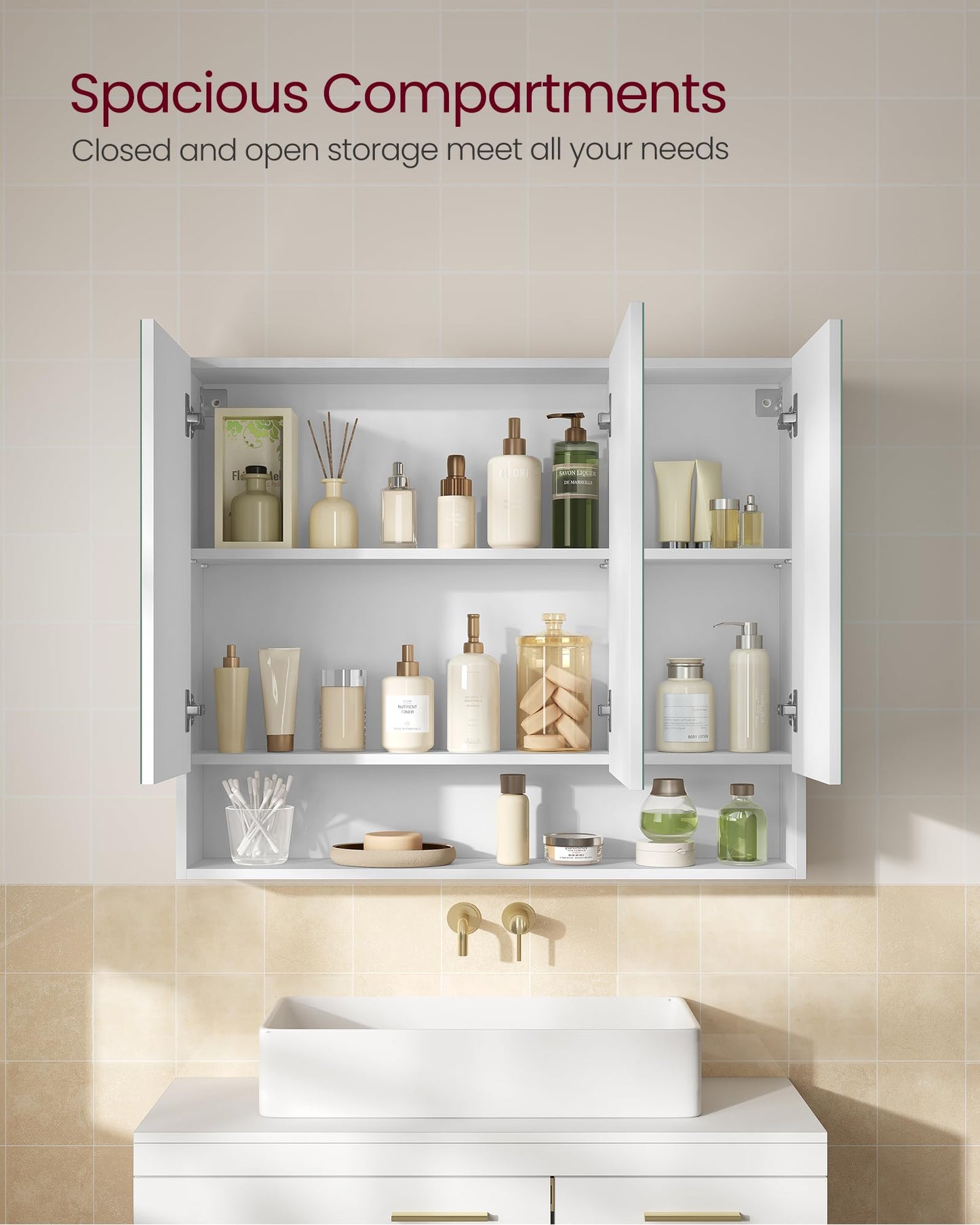 VASAGLE Kailyn Collection - Medicine Cabinet Mirror, Bathroom Wall Mirror Cabinet with Storage, Open Compartment, Adjustable Shelves, Modern Style, 6.5 x 35.4 x 29.5 Inches, Cloud White UBBK130W01