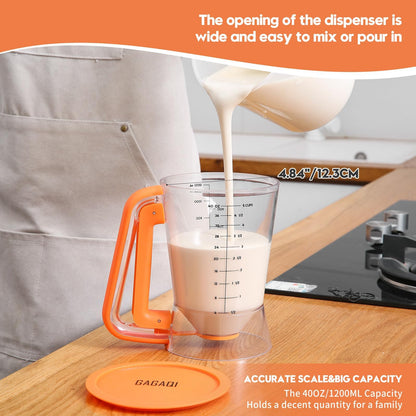 GAGAQI Pancake Batter Dispenser 5 Cup with Sturdy Handle,Batter Separator for Pancakes, Cupcake, Waffle, Muffin Mix, Cake & Crepe Batter pitcher with Squeeze Handle Baking Tools-Orange