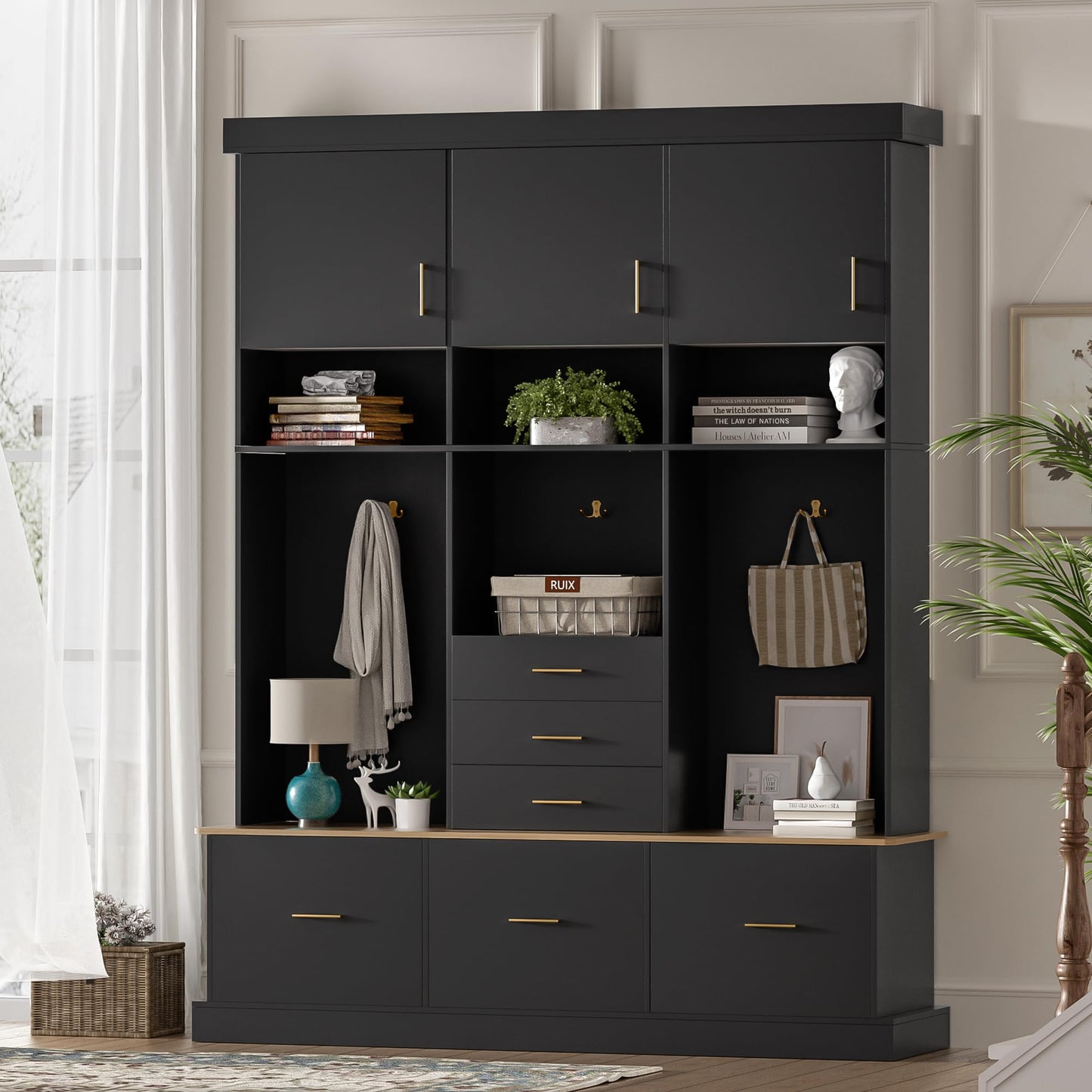Amposei Hall Tree with Storage Bench & Coat Rack 58’’W Modern Tall Entryway Oranizer Cabinet with 6 Drawers, 3 Metal Hooks for Living Room Hallway Mudroom, Black