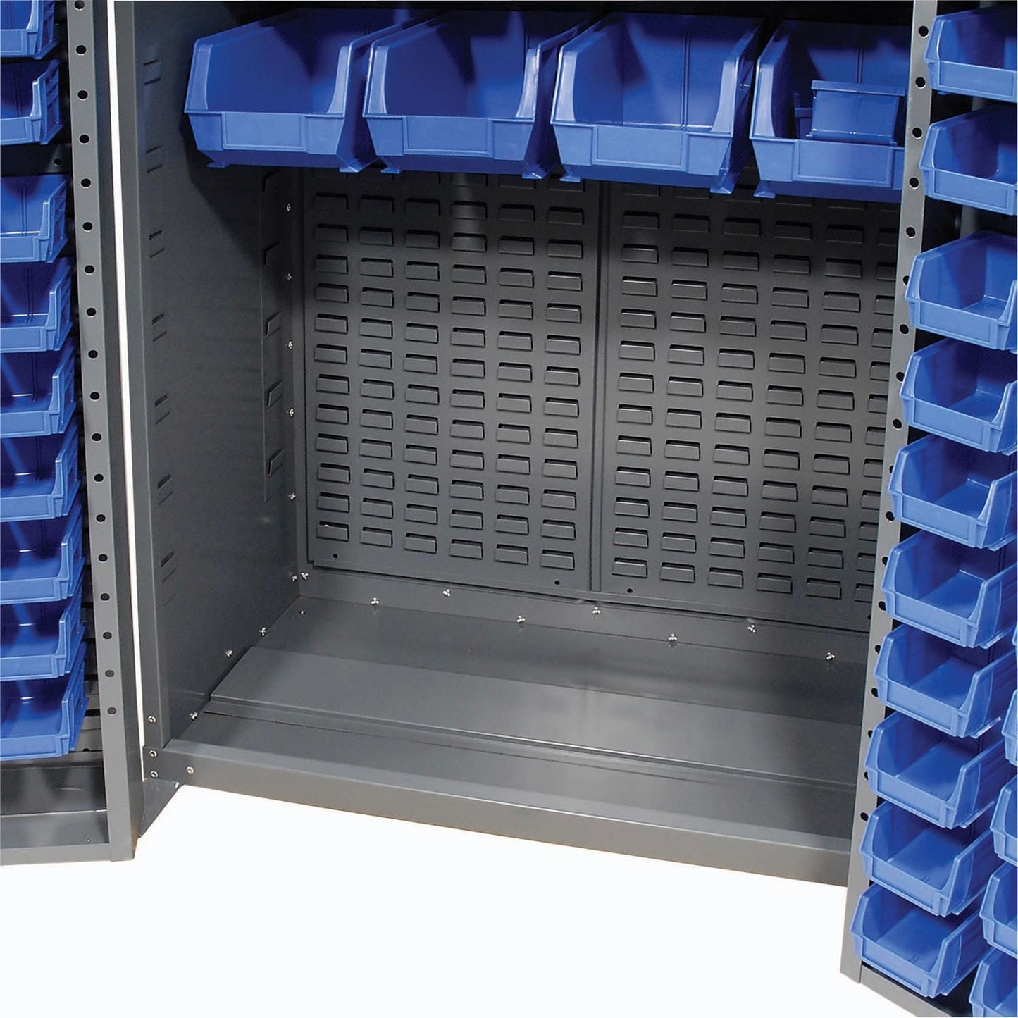 Global Industrial Deep Door Bin Cabinet, Includes 68 Blue Plastic Bins, Padlockable Steel Cabinet, 38" W x 24" D x 72" H, for Tool and Parts Storage, Assembly Required