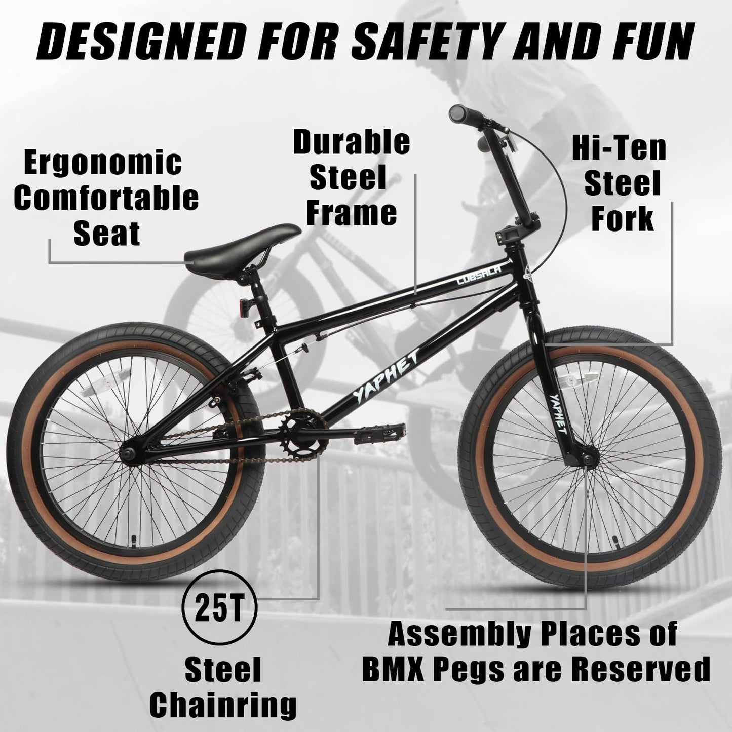 cubsala Freestyle BMX Bike, 20 Inch Yaphet Bicycle for Teen Beginner and Adult Riders, Bike with Hi-Ten Steel Frame, Black with Brown Tire