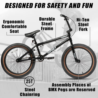 cubsala Freestyle BMX Bike, 20 Inch Yaphet Bicycle for Teen Beginner and Adult Riders, Bike with Hi-Ten Steel Frame, Black with Brown Tire