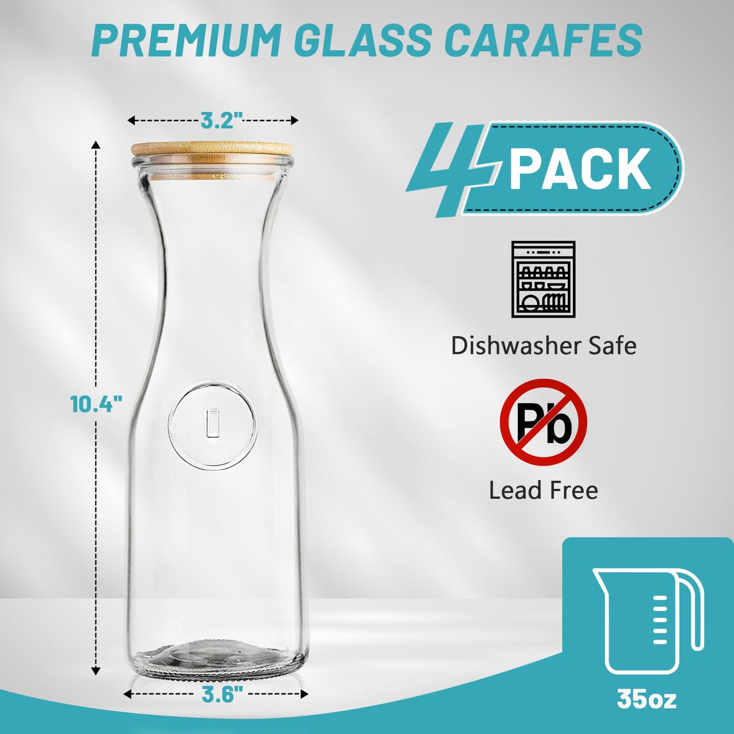 Glass Carafe with Bamboo Lid, Round 35 Oz Beverage Dispensers Carafe, Mimosa Bar Supplies, Clear Glass Pitcher with Name Labels for Iced Tea, Coffee, Juice(Set of 4)