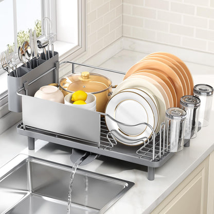 Dish Drying Rack Large Capacity - Stainless Steel Dish Rack for Kitchen Counter with Drain Board, Rustproof Dish Drainer with Auto Drain Spout Utensil Holder Glass Holder, Dinnerware Organizer, Gray