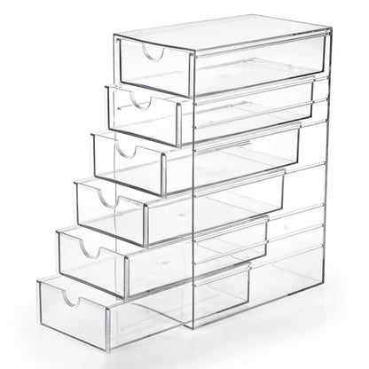 Hipiwe Plastic Drawer Organizer Clear Desktop Drawers Box with 6 Pull Out Drawer Compact Storage Box for Cabinet Vanity Bathroom Bedroom Pantry Shelf Office Closet Organization