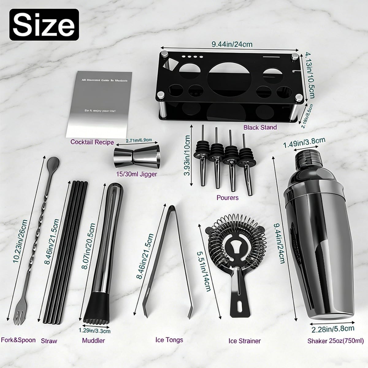 14-Piece Cocktail Shaker Set Bartender Kit with Black Stand, Bar Tool Set for Drink Mixing Bartending Kit Bar Sets Accessories: 750ml(25oz) Shaker, Jigger, Muddler, Cocktail Recipes (Black)