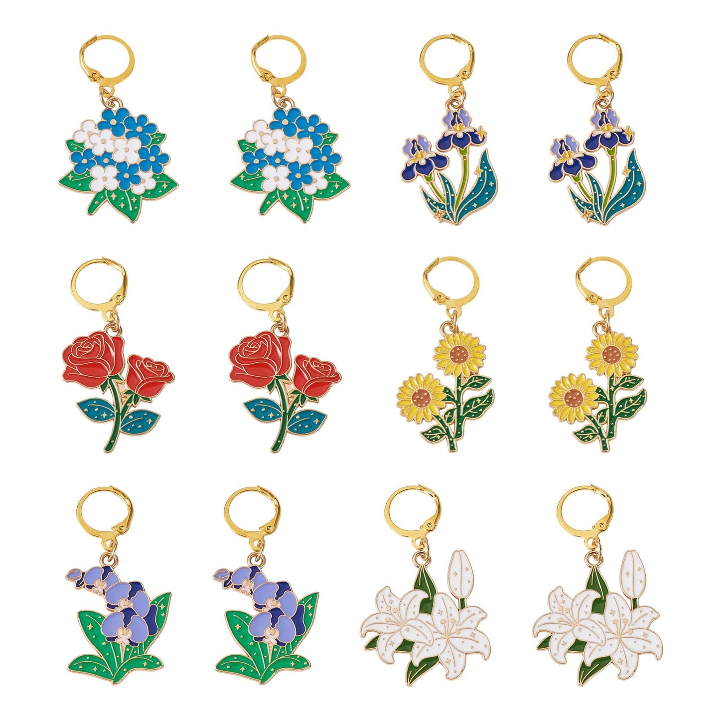 Magibeads 12Pcs Crochet Stitch Markers Alloy Enamel Flower Pendants with Brass Clasps Golden Flower Charms Stitch Markers for Crocheting Knitting Notions Sewing Knit Zipper Pull DIY Supplies