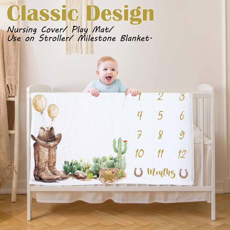 Kwtzkuo Western Milestone Blanket, Cowboy Baby Monthly Blanket with Marker, Newborn Baby Shower Photo Props My First Rodeo Gifts
