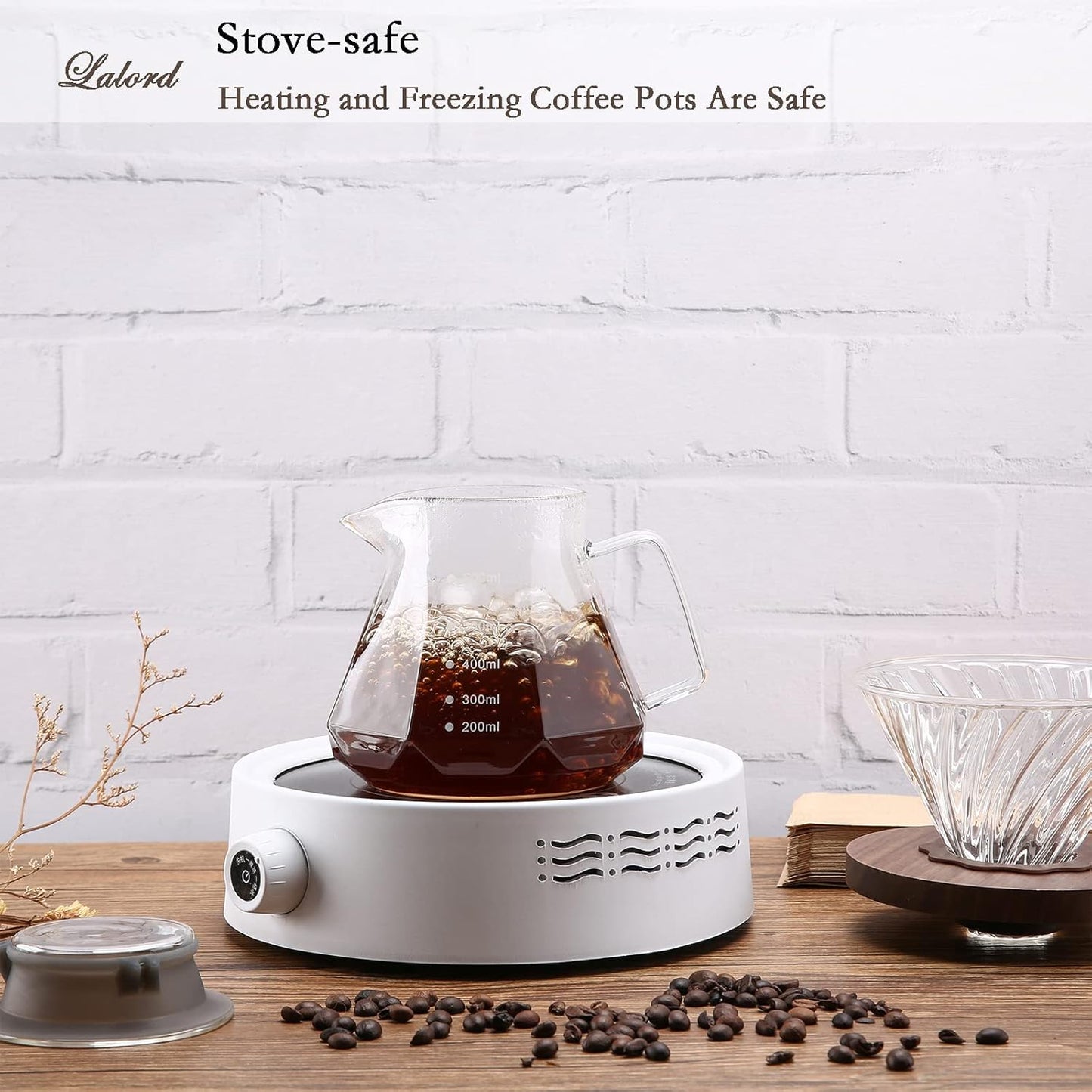 Pour Over Coffee Maker, 20 oz Borosilicate Glass Carafe with 100 pcs V60 Paper Filter, Walnut Handle, Clear