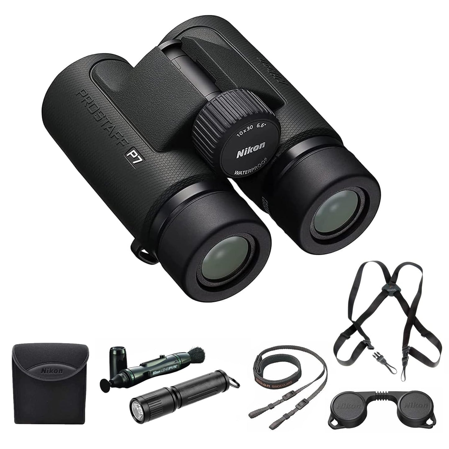 Nikon PROSTAFF P7 10x30 Waterproof Binocular for Adults | Small & Compact Travel Binoculars for Bird Watching | Binocular Harness Strap, Lens Pen Cleaning System, & Flashlight Bundle Set