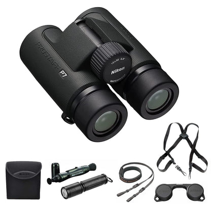 Nikon PROSTAFF P7 10x30 Waterproof Binocular for Adults | Small & Compact Travel Binoculars for Bird Watching | Binocular Harness Strap, Lens Pen Cleaning System, & Flashlight Bundle Set