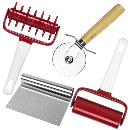 4 pcs Pizza Tools Set incl Dough Cutter Roller Docker and Pizza Cutter Wheel, Pastry Pizza Pie Roller Rolling Pins and Time-Saver Pizza Dough Docker (4 pcs)