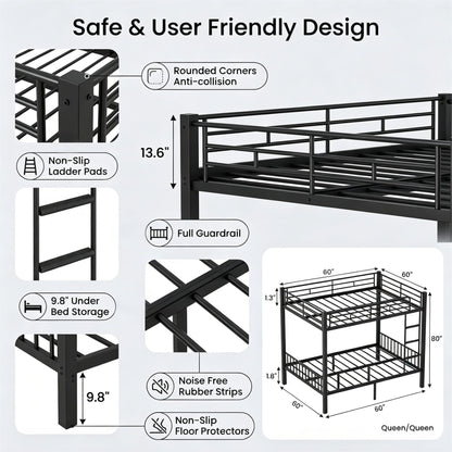 Feetice Queen Over Queen Bunk Bed, Heavy Duty Metal Bunk Bed for Adults & Teens, 400/600lbs Capacity, Full-Length Top Guardrails, Anti-Slip Ladder, 9.8" Underbed, No Box Spring Needed