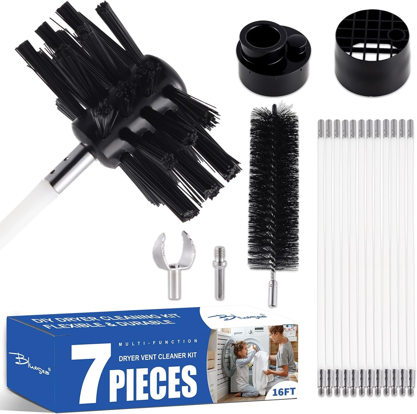 Bluesea 7 Pieces 16 Feet Dryer Vent Cleaner Kit, Durable Nylon Brush Vacuum Attachment with Flexible Lint Trap