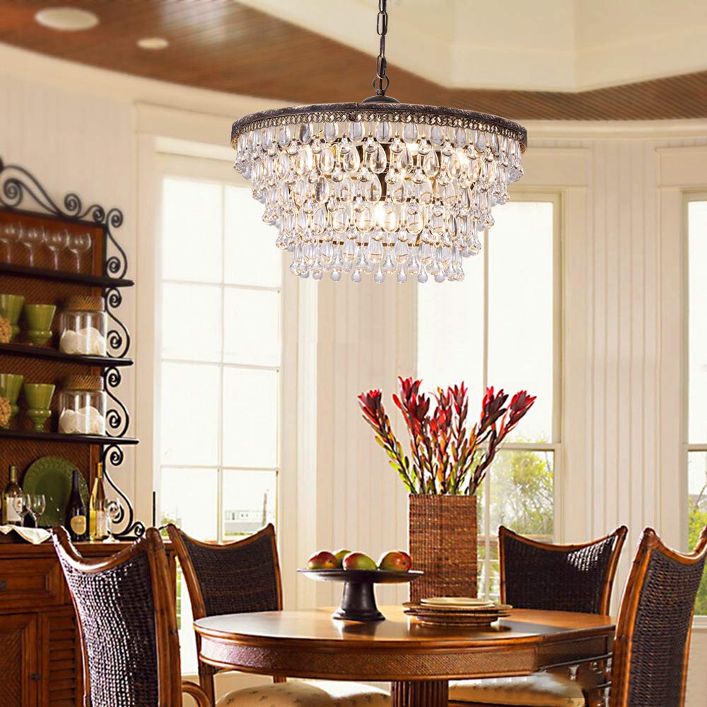 Wellmet Crystal Chandelier, 6-Light 5 Tiers Farmhouse Bronze Ceiling Lighting Fixture, Modern Foyer Dining Room Chandeliers for Bedroom, Hallway, Bar, Kitchen, W20-inch