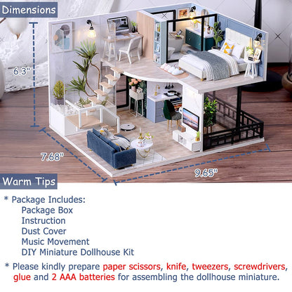 TuKIIE DIY Miniature Dollhouse Kit with Furniture, 1:24 Scale Creative Room Mini Wooden Doll House Accessories Plus Dust Proof & Music Movement for Kids Teens Adults(Satisfied Time)