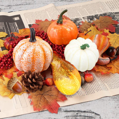 96Pcs Halloween Artificial Pumpkin and Gourd Maple Leaf Sunflower Red Fruit Pine Cone Acorn Harvest Mixed Small Fake Pumpkin Thanksgiving Halloween Party Decoration