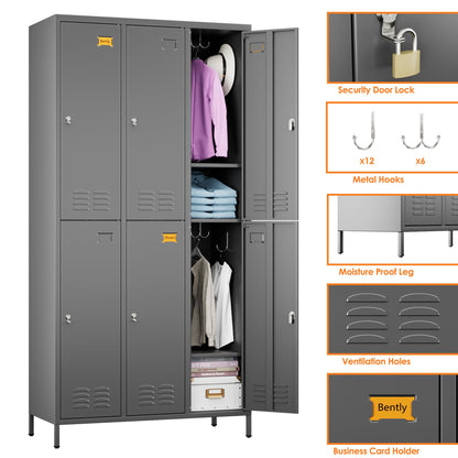 Aobabo Metal Locker for Employees, 6 Doors Metal Locker Cabinet with Lock, Industrial Storage with 18 Hooks, Storage for Office, Gym, Dormitory, Assembly Required, Dark Grey