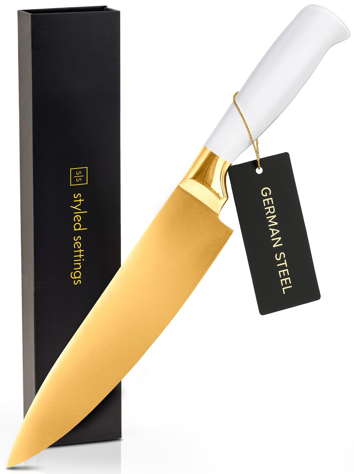 STYLED SETTINGS White and Gold Knife – Stainless Steel Chef Knife with Gold Titanium Coating, Precision German Stainless Steel Blade – Luxury Kitchen Accessories - Ideal Cooking Gift