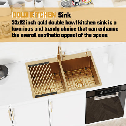 Gold 50/50 Double Bowl Kitchen Sink, 33"x 22" Stainless Steel Drop In Kitchen Sink Gold Topmount Sink With Gold-tone Accessories-Rack,Grid And Drain Assembly Add Luxurious Look For Modern Kitchen