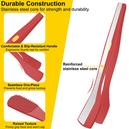 Beijiyi Kitchen Tongs for Cooking, 9" & 12" Set, Silicone Cooking Tongs with Silicone Tip for Nonstick Cookware, 600°F Heat Resistant, Stainless Steel Core, Great for Grilling and Serving Food (Red)
