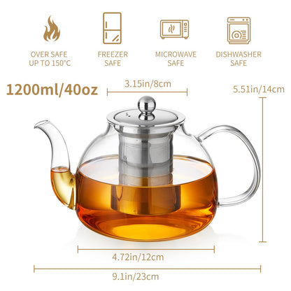 DOPUDO 40OZ (1200ML) Glass Teapot with Infuser Stovetop Safe, Clear Glass Tea Pot Kettle, Borosilicate Tea Pot with Infusers Filter for Loose Tea, Tea Kettle Dishwasher Safe