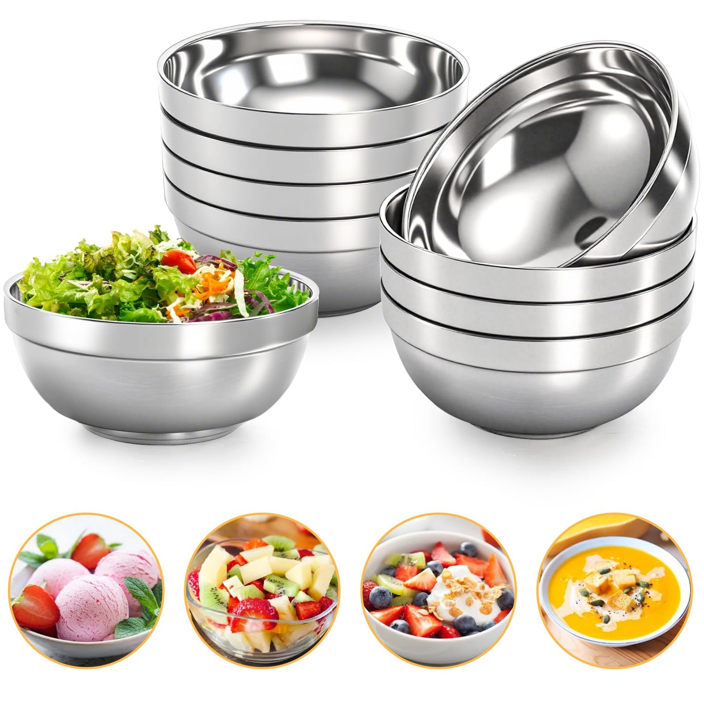 yarlung 10 Pack Stainless Steel Bowls 6.3 Inch Snacks Bowls, 25 Oz Soup Bowls Lightweight Salad Bowls Double-walled Metal Serving Dishes for Sauces, Noodle, Ice Cream
