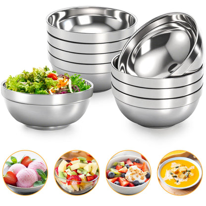 yarlung 10 Pack Stainless Steel Bowls 6.3 Inch Snacks Bowls, 25 Oz Soup Bowls Lightweight Salad Bowls Double-walled Metal Serving Dishes for Sauces, Noodle, Ice Cream