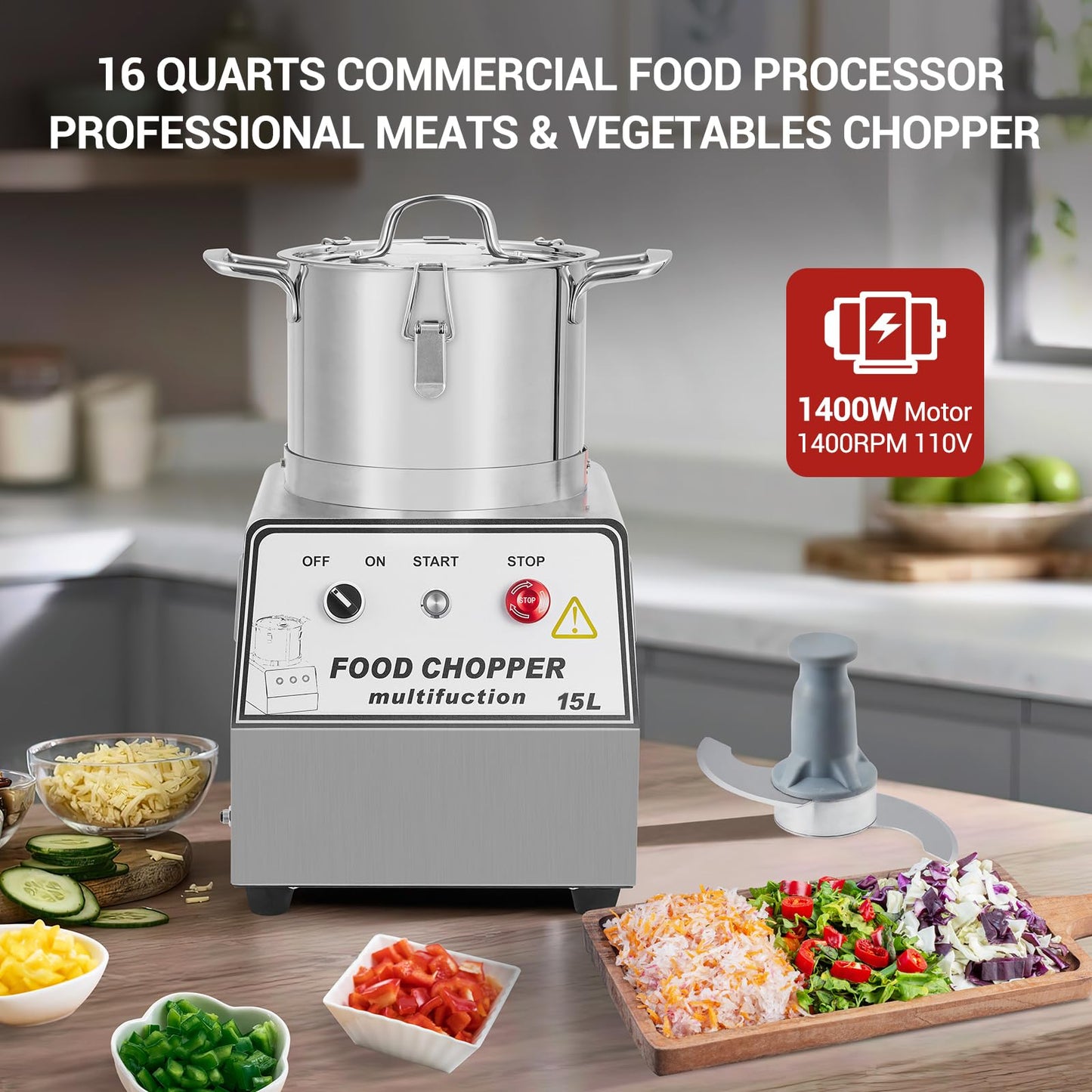 16 QT Commercial Food Processor, 1400W Stainless Steel Electric Food and Vegetable Processors, Easy Operation Chopper Meat Grinder Machine with Blade, Gloves, Brush, for Commercial Kitchen Restaurant