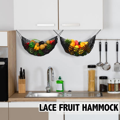 Xuhal 2 Pcs 11.8 x 20 Inch Large Macrame Fruit Hammock Under Cabinet Veggie Banana Hammock Hanging Fruit Basket Saves Counter Space for Kitchen Hand-woven Lace Hanging Basket (Black Style)