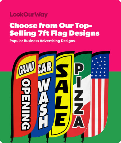 LookOurWay Feather Flag Pole Kit 3-Pack Bundle - 7ft Tall Grand Opening Advertising Banners with Poles and Ground Spikes - Open Red/White, Now Open Red/Yellow, Welcome Red/Blue