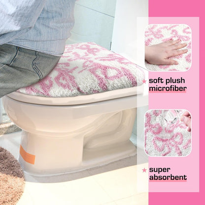 SmoothNovelty Toilet Lid Cover Washable Coquette Cute Plush Toilet Cover for Bathroom Decor Soft Microfiber 17.5 x 15 Inch Non Slip Rubber Backing Fits Most Round, Elongated(Rose Pink,Bow)