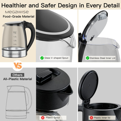 MEGAWISE 1.8L Healthy Electric Kettle, 1800W Borosilicate Glass Tea Kettle with Food Grade Material, Auto Shut-Off and Boil-Dry Protection Cordless Kettle Fast Boiling, BPA Free