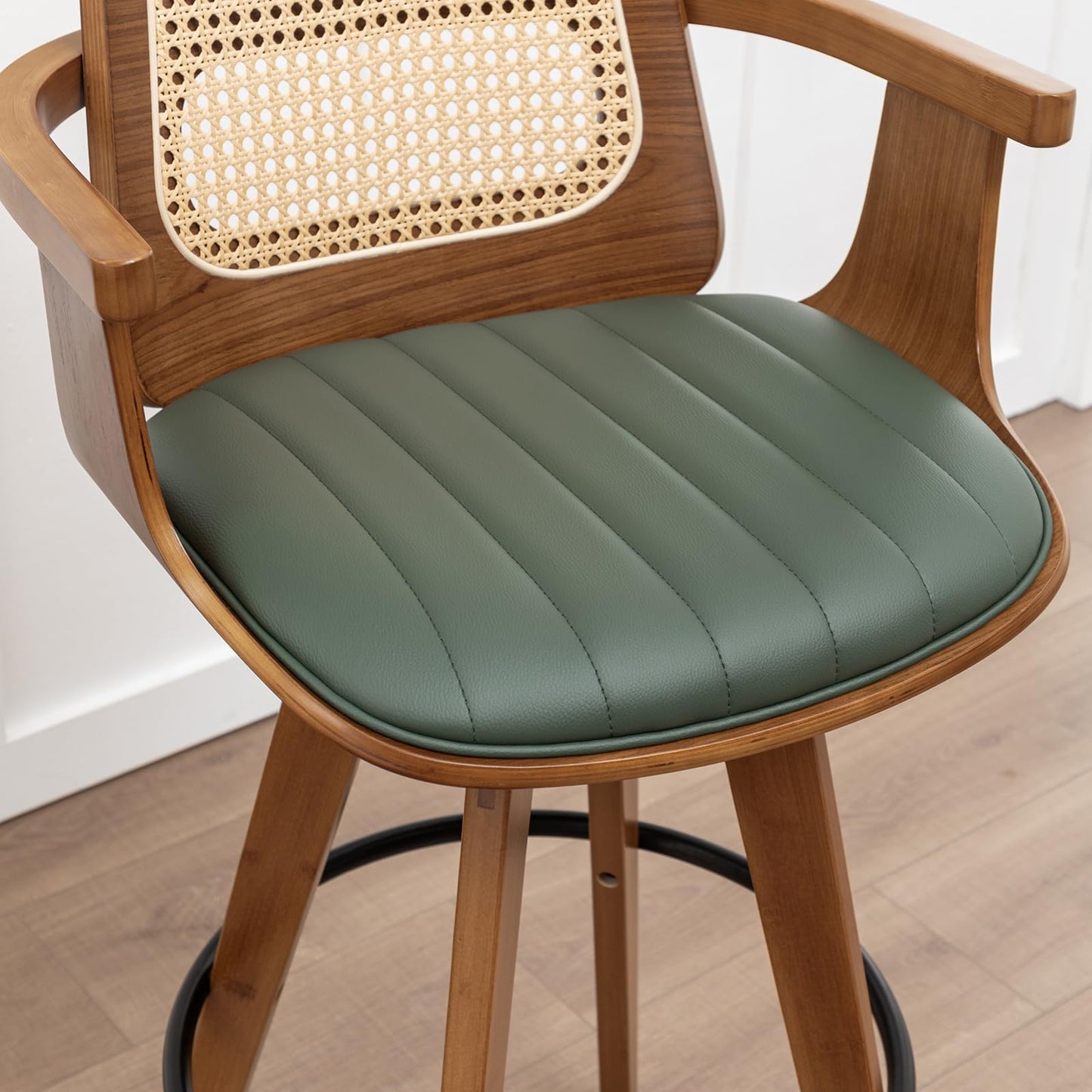 WUPOTO Bar Stools Set of 2, 29.7" Bar Height 360° Swivel Stools with Ergonomic Rattan Back, Faux Leather Seat, Bamboo Legs with Walnut Finish, Mid-Century Style (Green)
