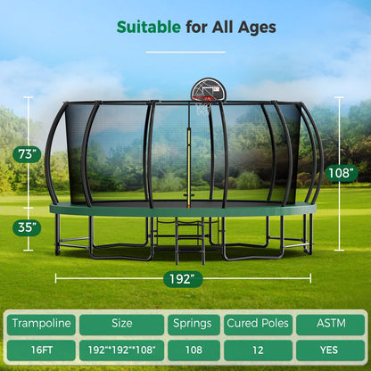 Tatub 16FT Upgrade Pumpkin Trampoline for Kids and Adults, Outdoor Recreational Trampolines with Basketball Hoop & Enclosure Net, Curved Poles & Storage Bag, Green