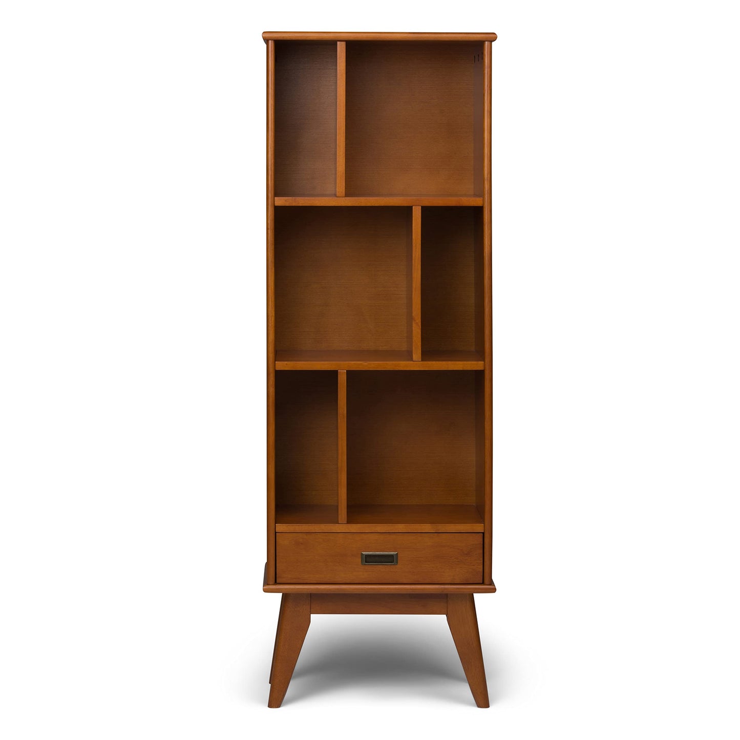 SIMPLIHOME Draper Bookcase - 64 inch Tall Solid Wood Storage Bookshelf in Teak Brown, Mid-Century Modern Storage for Living Room, Study Room or Office with Adjustable Shelves and Angled Legs
