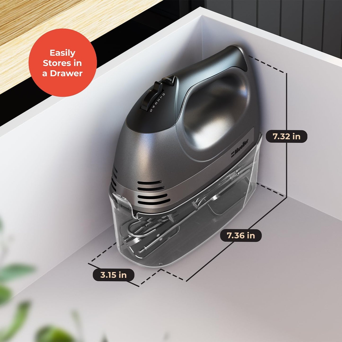 Mueller Electric Hand Mixer, 5 Speed 250W Turbo with Snap-On Storage Case and 4 Stainless Steel Accessories for Mixing