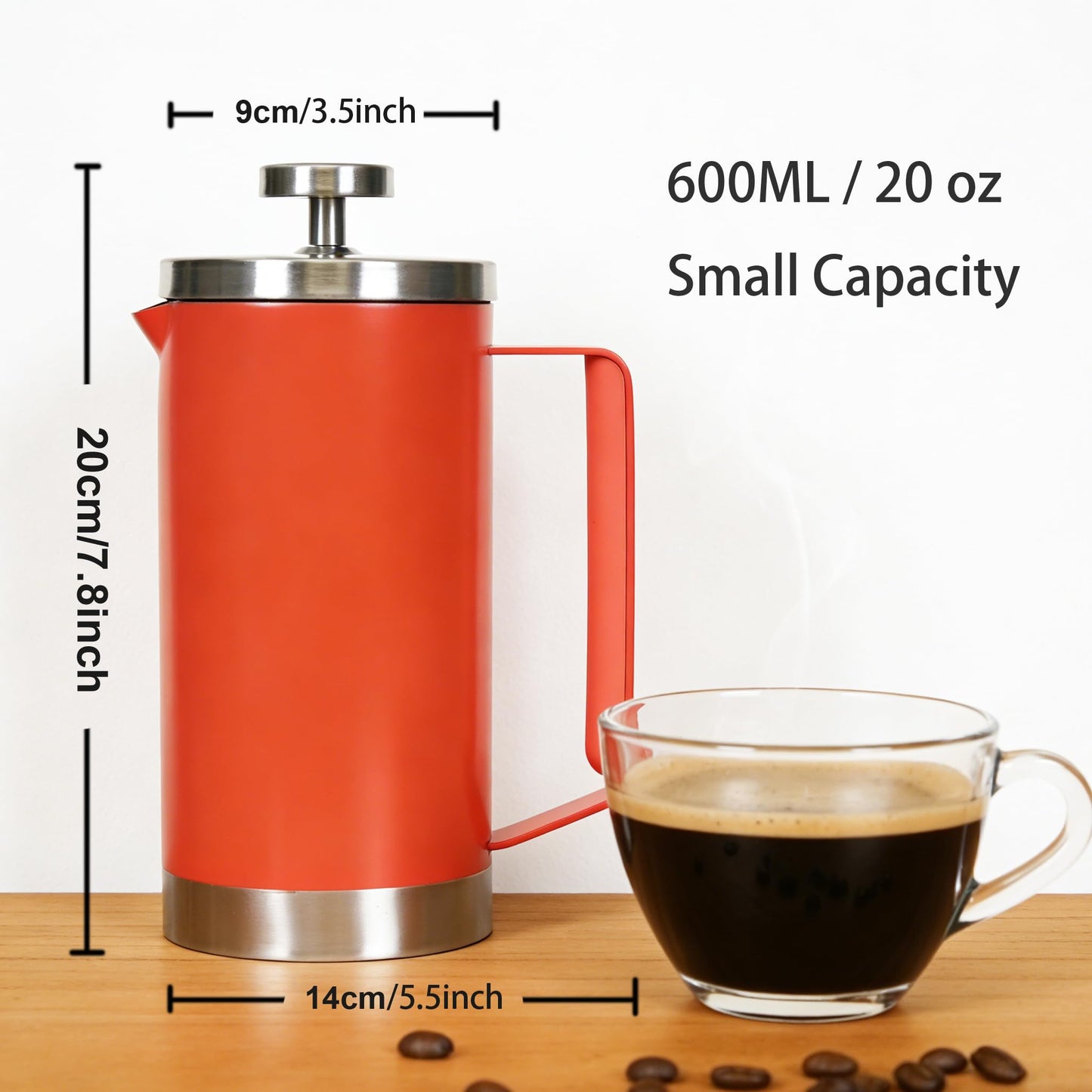 Meelio small French Press Coffee Maker 600ml, Double-Wall Insulated French Press Coffee Press Stainless Steel for travel camping, Silicone handle (2-4cup, 20 OZ) silver