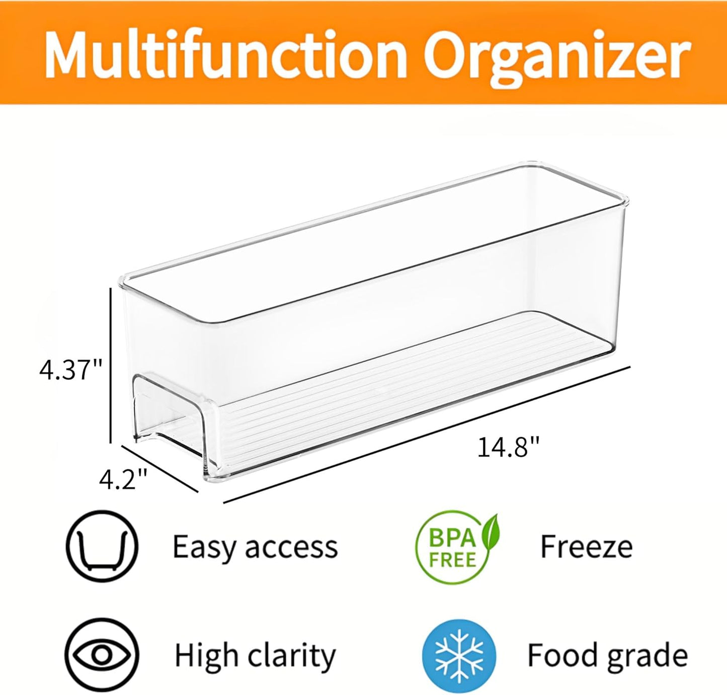 14.8'' 2 Pack vacane Long Breastmilk Storage Container, Clear Narrow Fridge Organizer Refrigerator Bin with Handles
