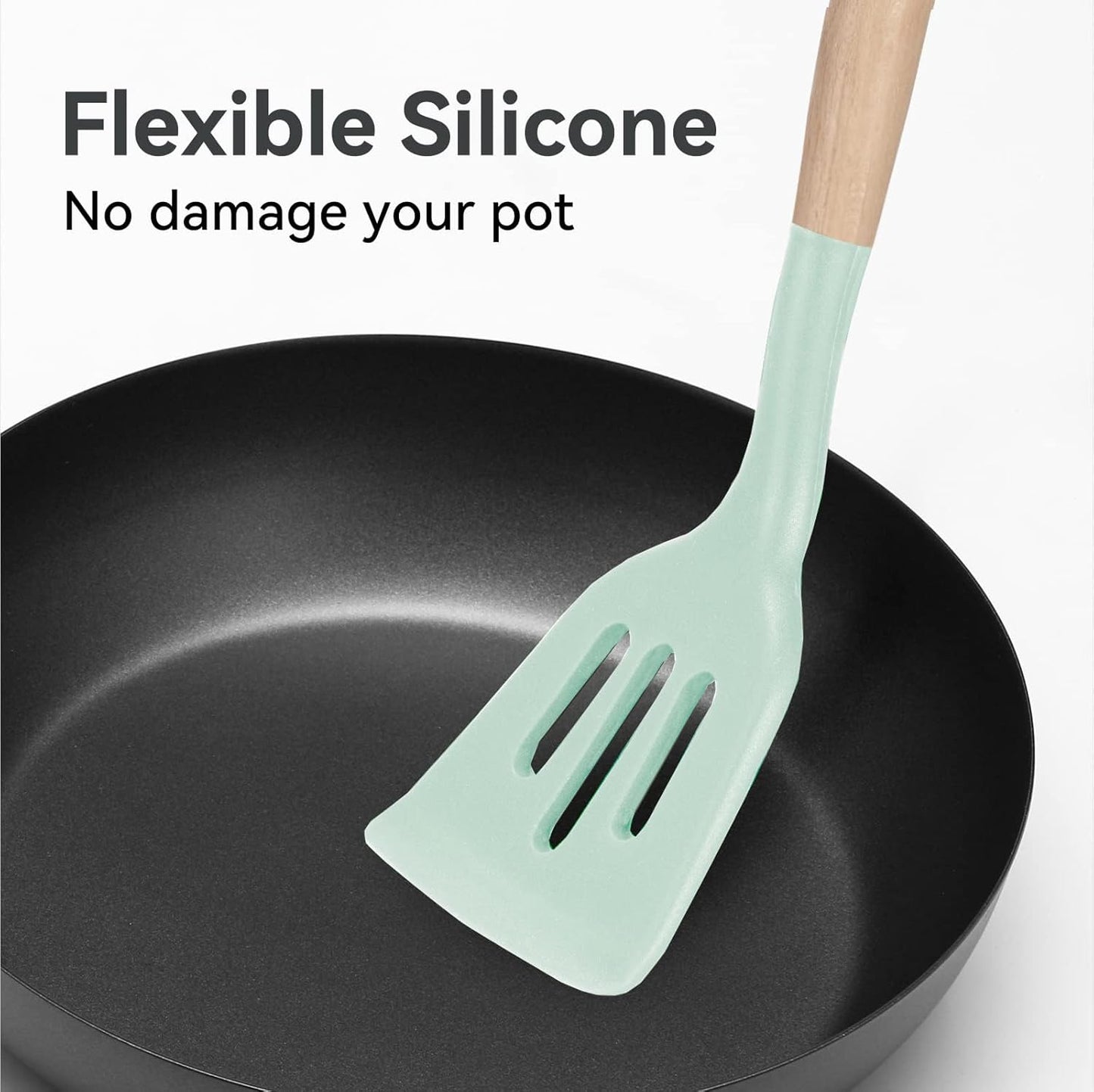 Kitchen Utensils Set, 5 Pcs Non-Stick Silicone Cooking Utensils with Wooden Handle, Heat Resistant Gadgets (Light Green)