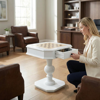 ComeWay Chess Table, Reversible Chess Checker Game Table with 2 Drawers for Family Entertainment Room, 3-in-1 Square Game Tray for Chess Checker Backgammon, White